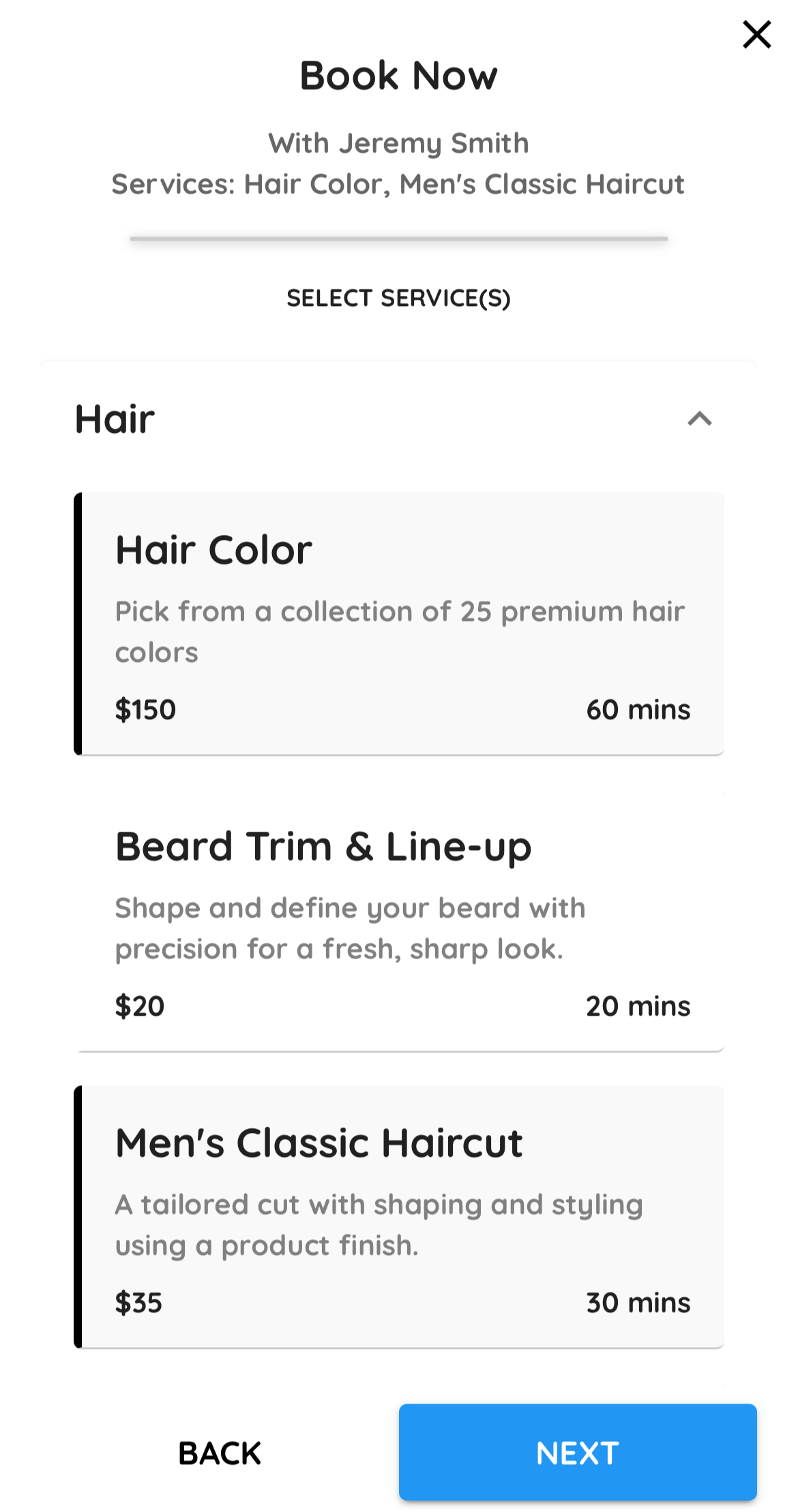 Client booking flow on a salon website