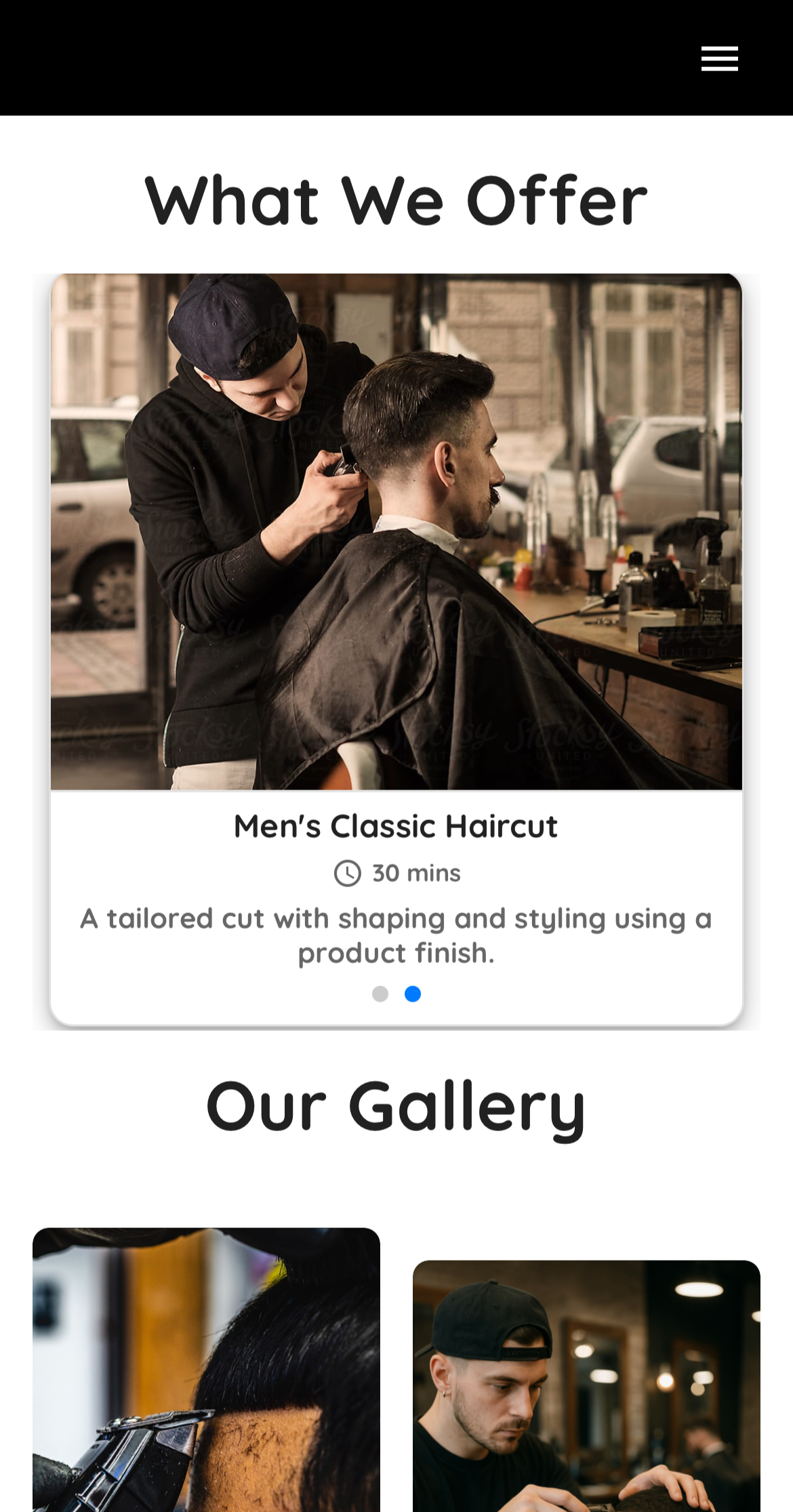 Service menu layout for salon booking website